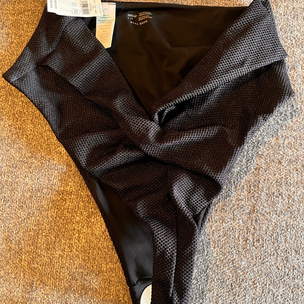 Aerie Black Shine Pique Twist Swim Bottom